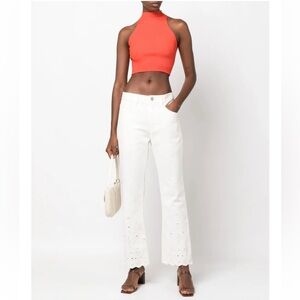 STAUD Cream Flare Jeans with Eyelet Hem